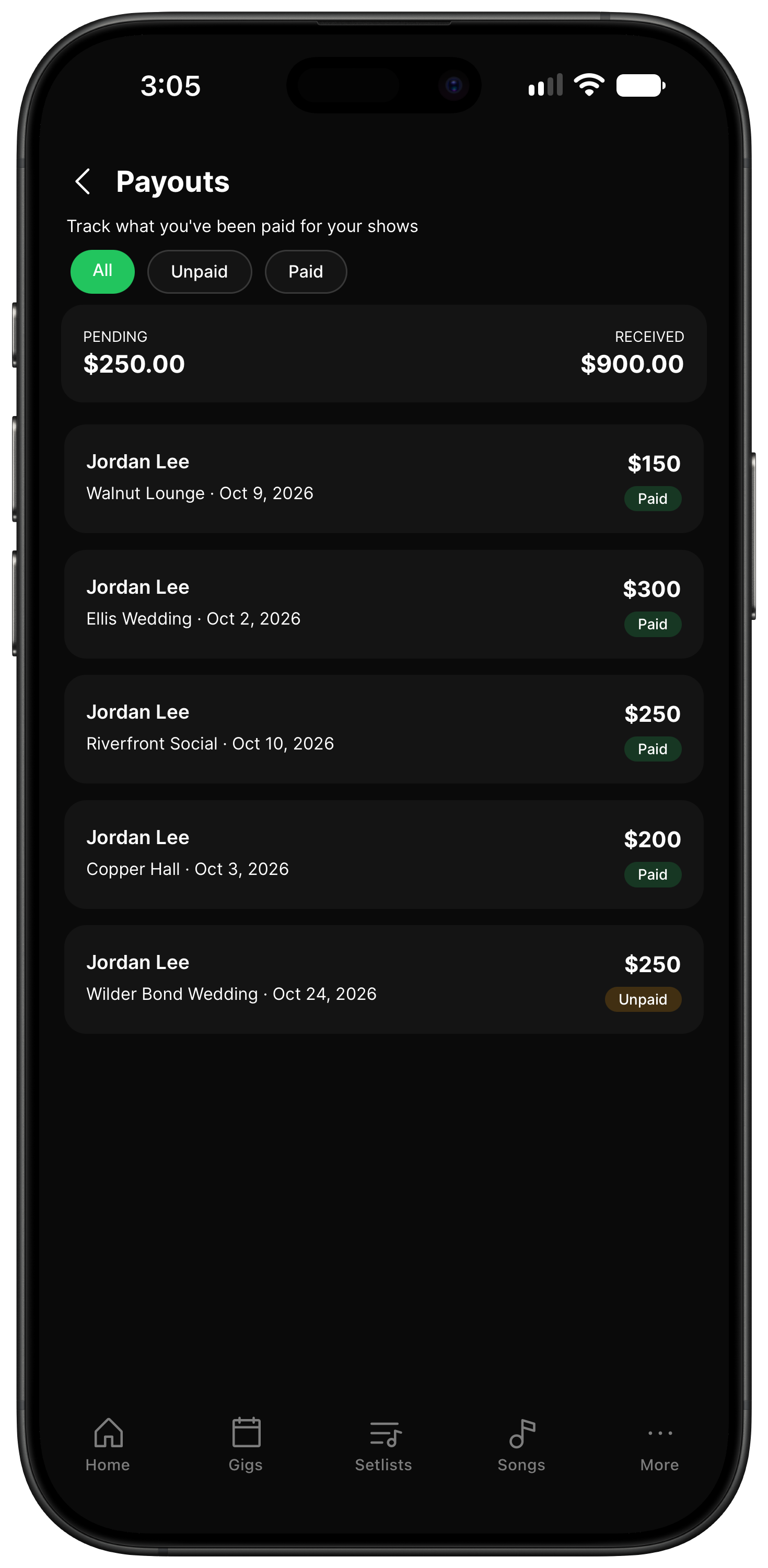 GreenRoom member Payouts screen in an iPhone 16 Pro Max, showing Jordan Lee's $250 pending, $900 received, and five individual gig payouts.