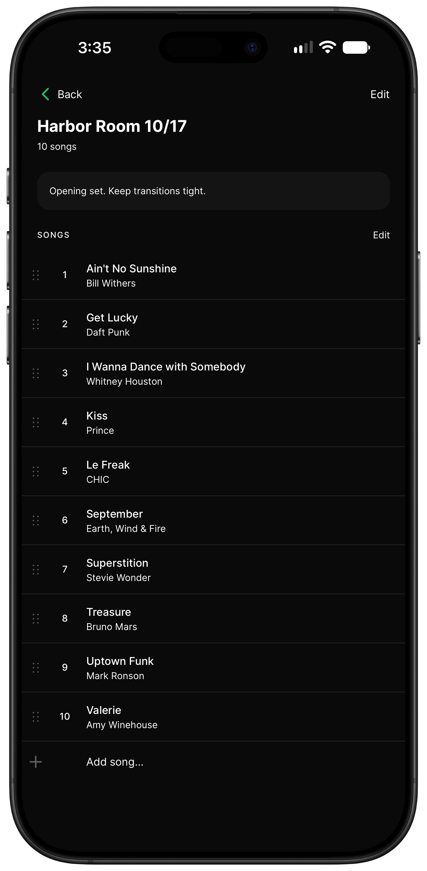 GreenRoom Harbor Room 10/17 setlist in an iPhone 16 Pro Max, showing ten songs with artists, reorder handles, and notes for the opening set.